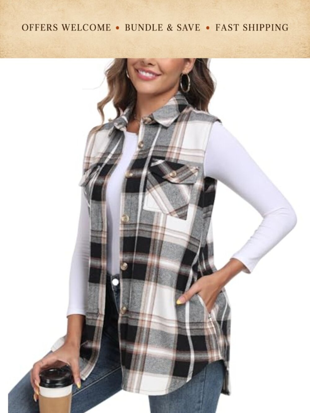 Womens Long Flannel Plaid Vest Sleeveless Shacket Shirt With Pockets